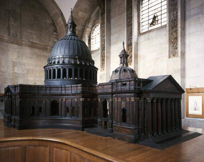 Scale model of St Paul’s Cathedral by Sir Christopher Wren showing the architectural design and proportions used before construction.